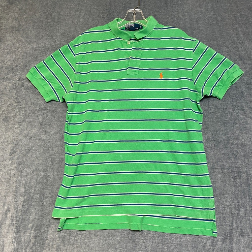 VTG Polo Ralph Lauren Polo Shirt Mens L Green Blue Striped Performance High